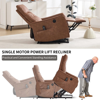 Brown power lift recliner chair in a living room setting with text about single motor power lift recliner.