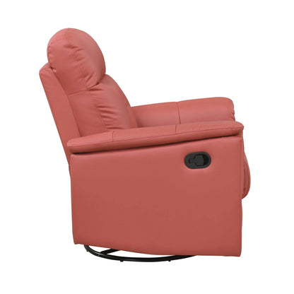 Side view of a red recliner chair with manual pull handle on a white background