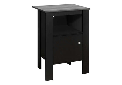 Black and grey end table with a wooden top on a white background