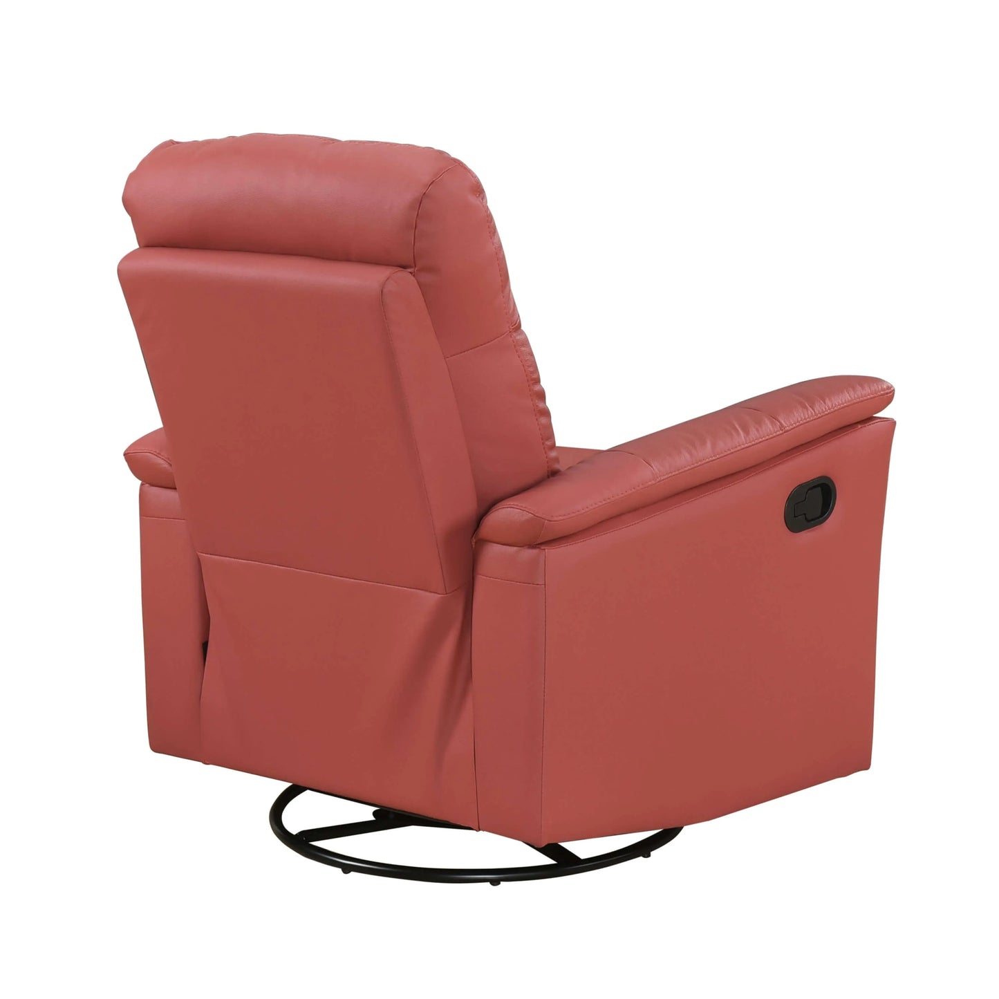 Back view of a red recliner chair and round swivel base on a white background