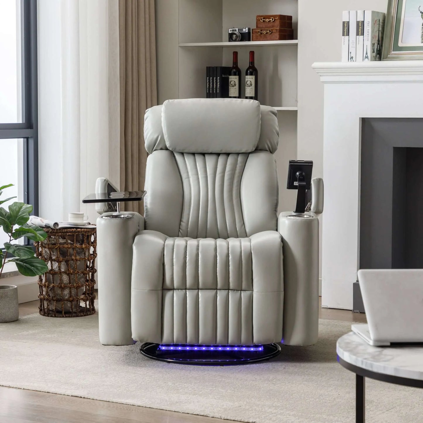 Gray recliner chair with LED base in a living room setting