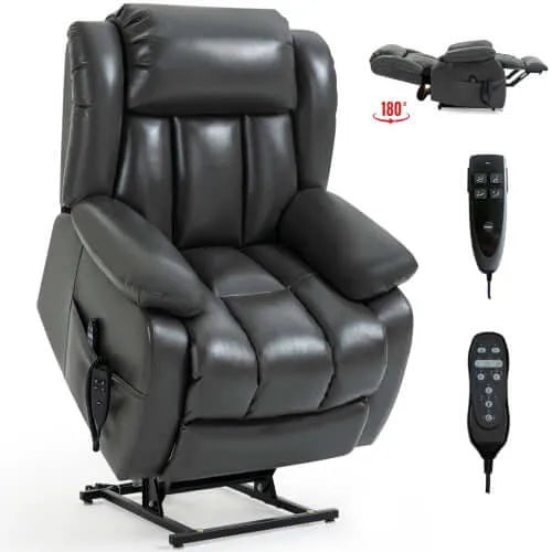 Gray massage lift chair with remote controls on a white background