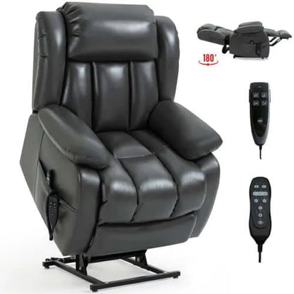 Gray massage lift chair with remote controls on a white background