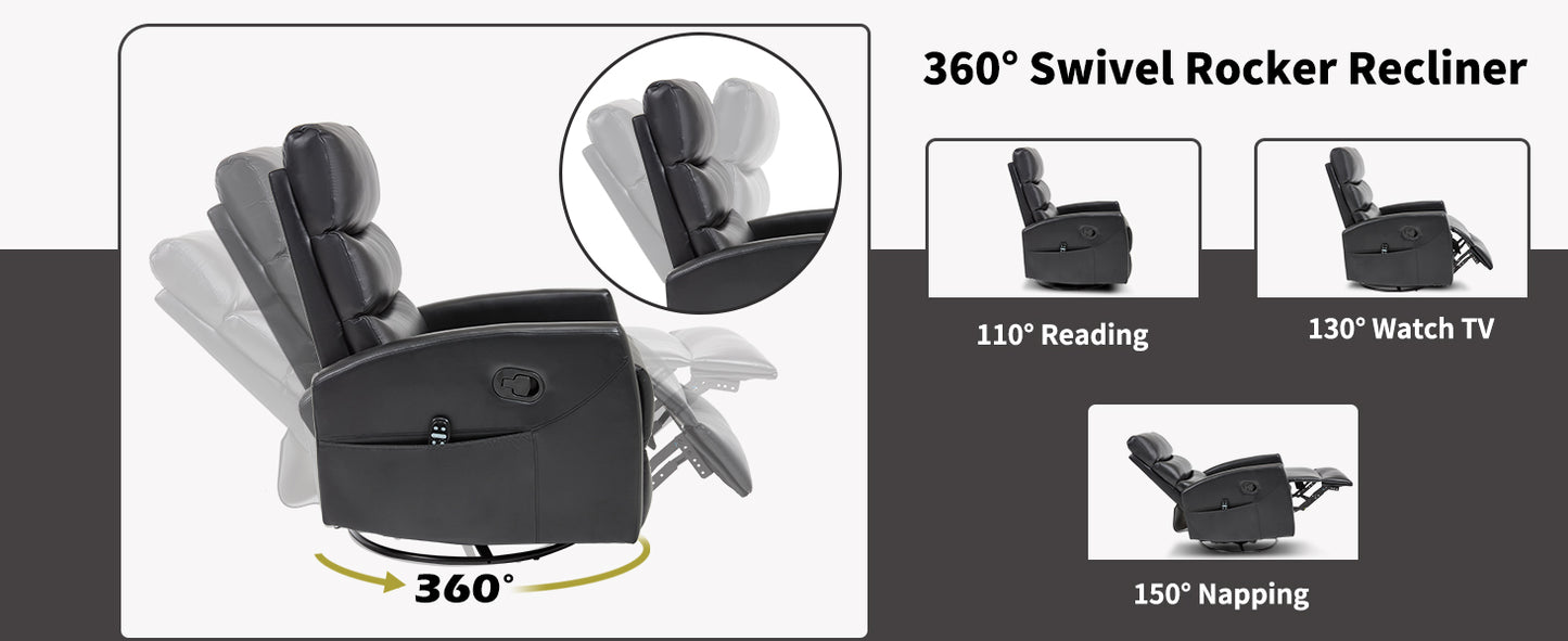 360° Swivel Rocker Recliner chair with various angles and activities shown