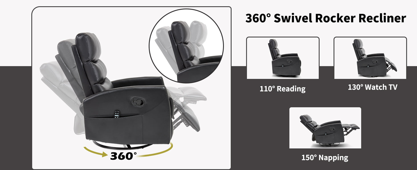 360° Swivel Rocker Recliner chair with various angles and activities shown
