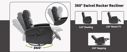 360° Swivel Rocker Recliner chair with various angles and activities shown