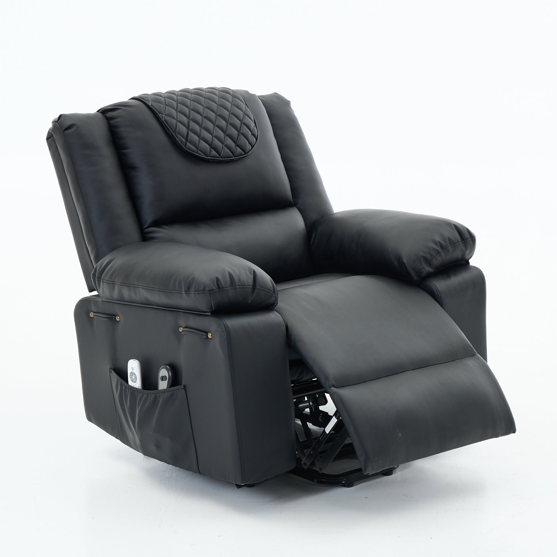 Black recliner chair with armrest and quilted design on a white background