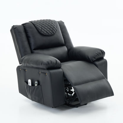 Black recliner chair with armrest and quilted design on a white background