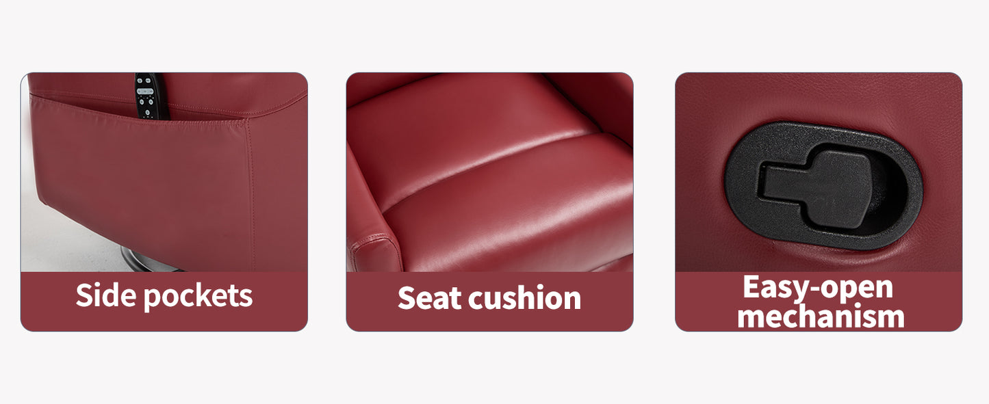 Close up of a red recliner chair seat with side pockets, seat cushion, and easy-open mechanism labeled.
