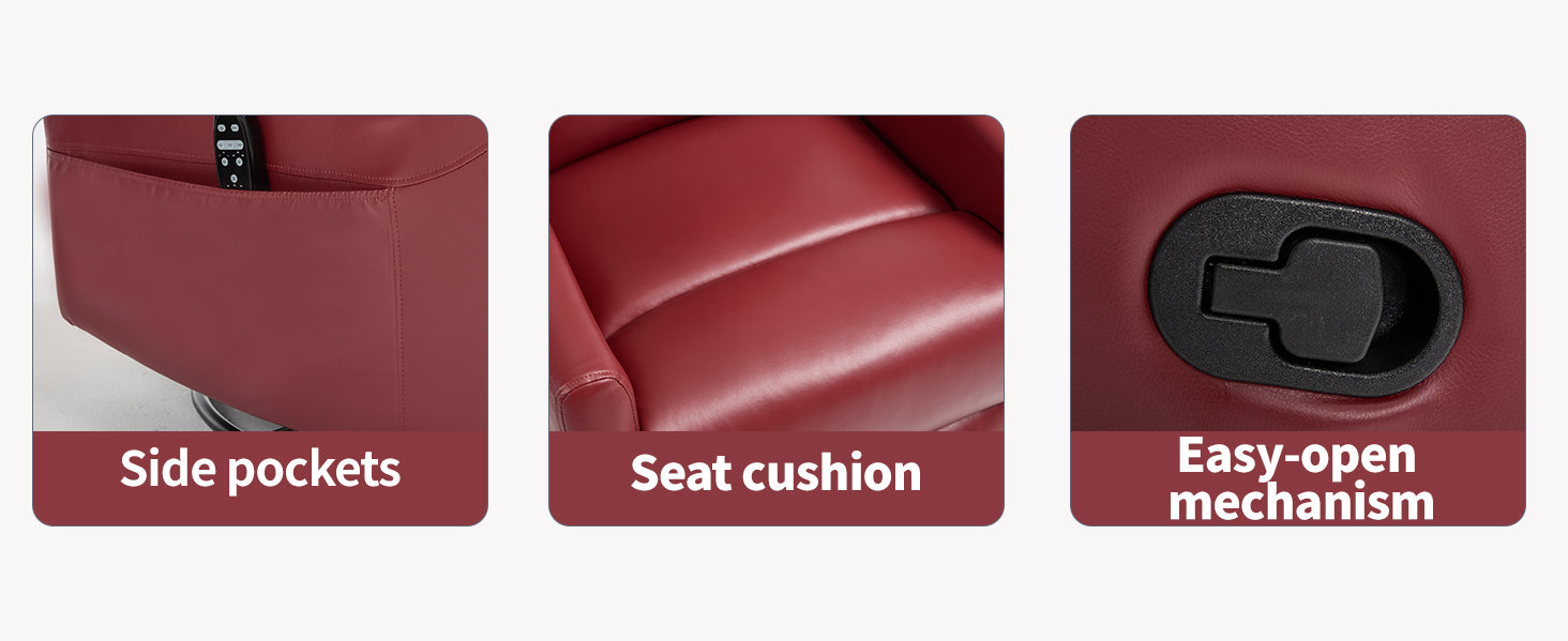 Close up of a red recliner chair seat with side pockets, seat cushion, and easy-open mechanism labeled.