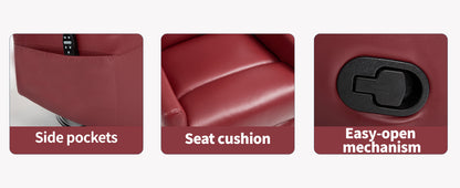 Close up of a red recliner chair seat with side pockets, seat cushion, and easy-open mechanism labeled.