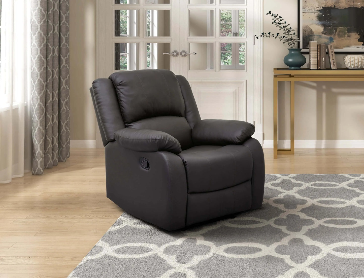 Modern Reclining Pillowtop Arms Recliner - Right angle view in room