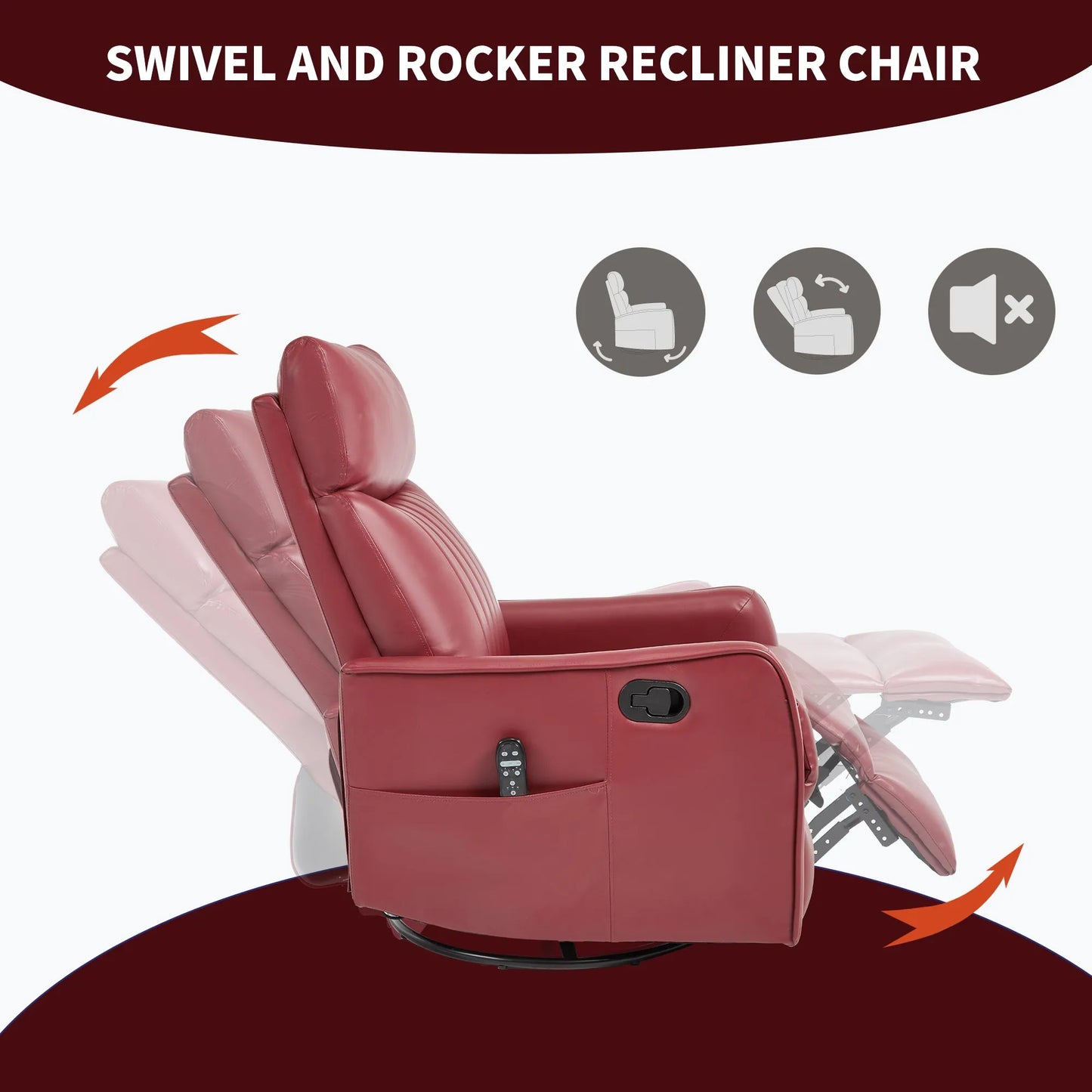 Red swivel and rocker recliner chair with features highlighted on a white background