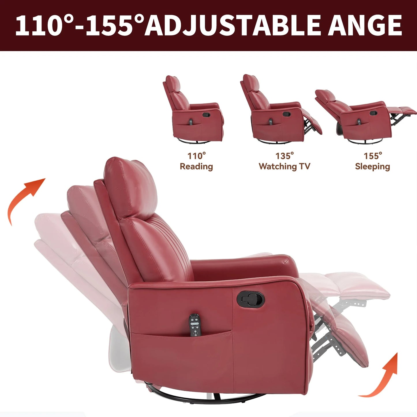 Red recliner chair with adjustable angles for reading, watching TV, and sleeping, on a white background.