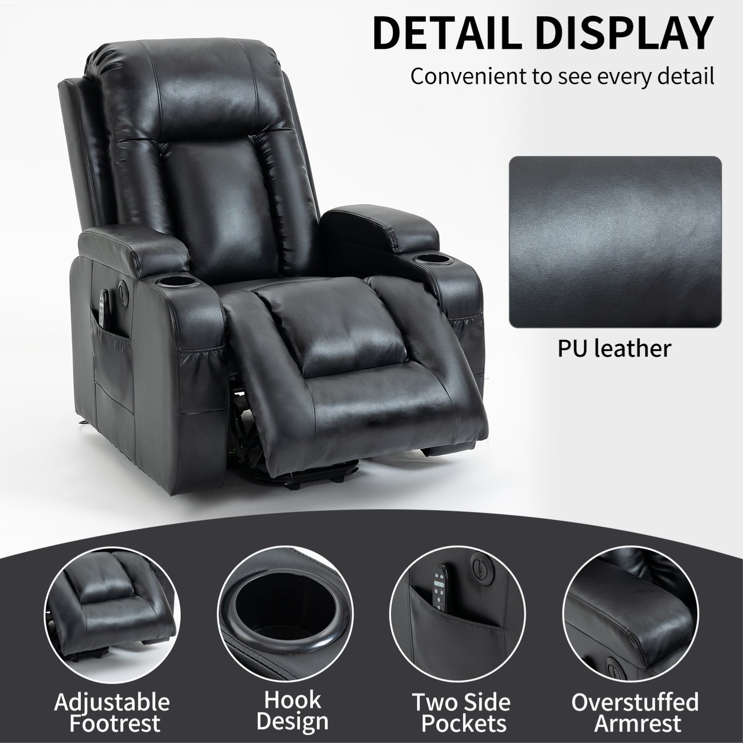 350 LB Power Lift Recliner w/ Massage, Heat, USB & Cup Holders – Black