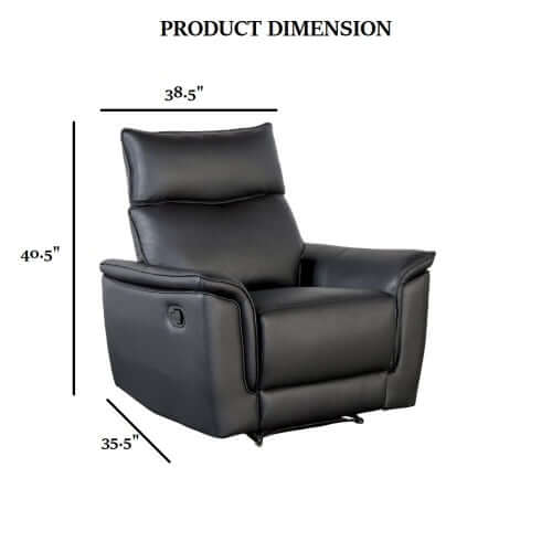 Black recliner chair with dimensions labeled on a white background