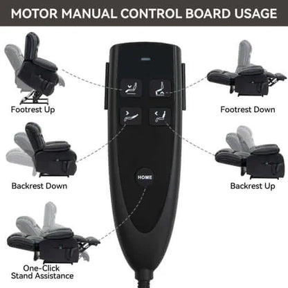 Motor manual control board for recliner chairs with labeled functions on a white background.