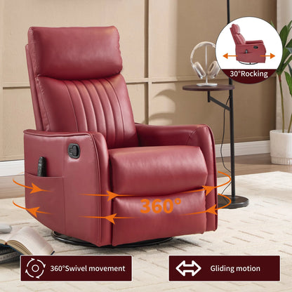 Red recliner chair with 360-degree swivel, rocking, and gliding features in a living room setting.