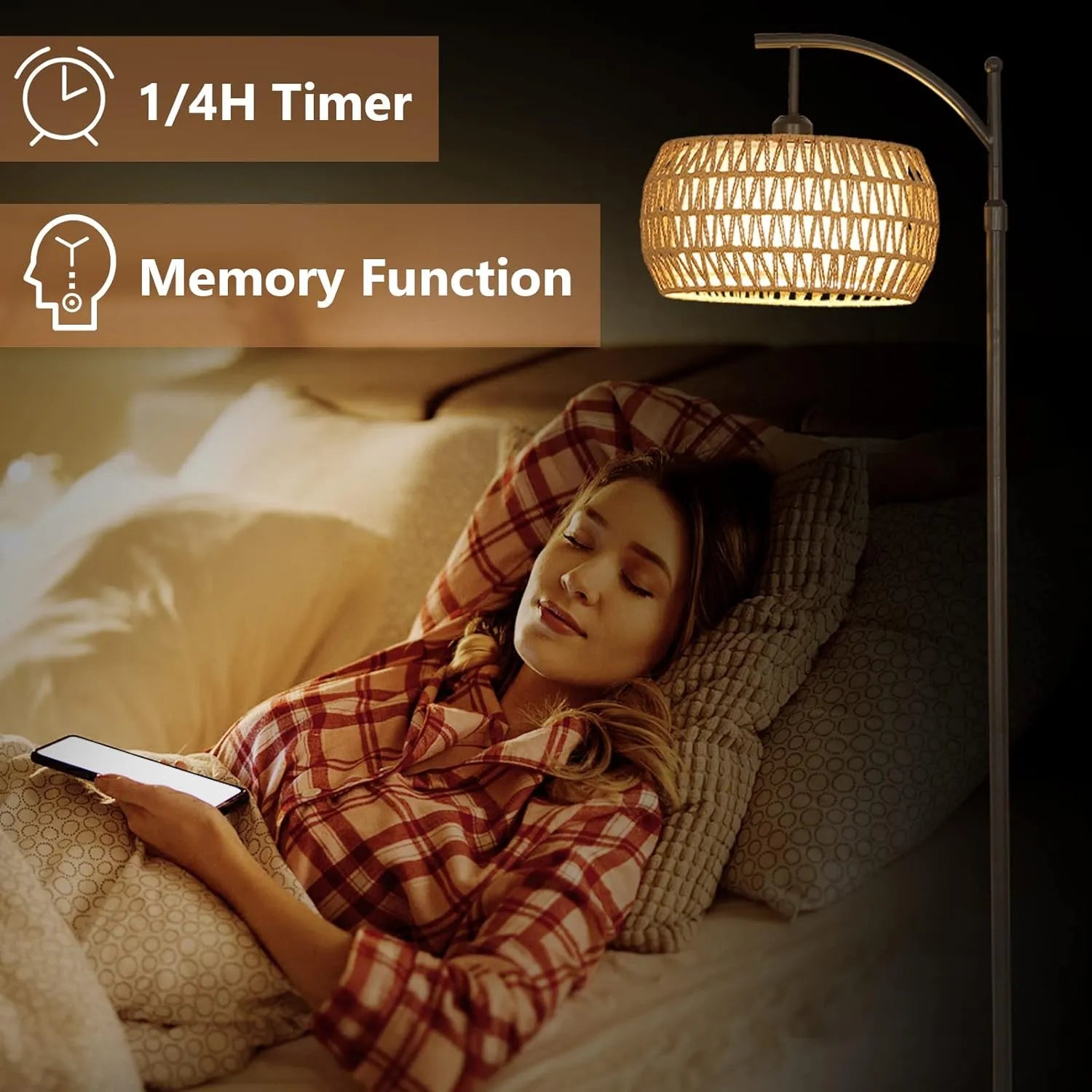 Woman lying in bed using a smartphone with a lamp and text about timer and memory function.