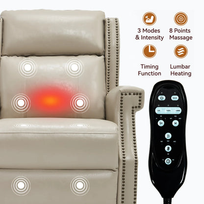 Beige recliner chair with control device and feature icons.