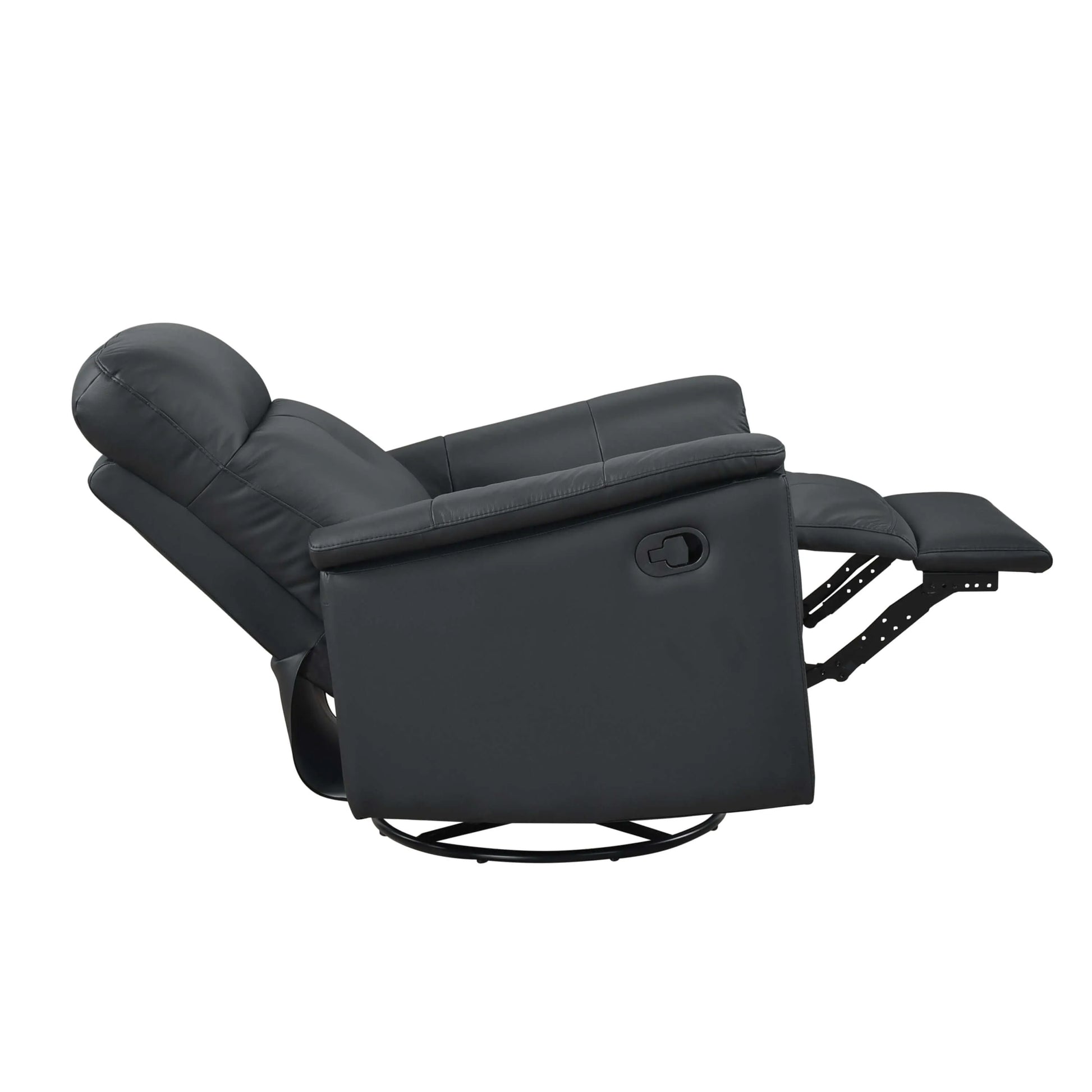 Fully extended side view of a black recliner chair on a white background