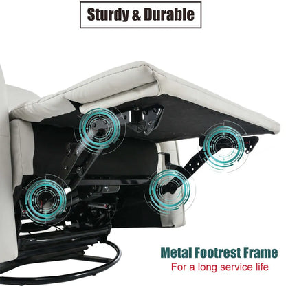 Recliner chair with a metal footrest frame highlighted, emphasizing durability.