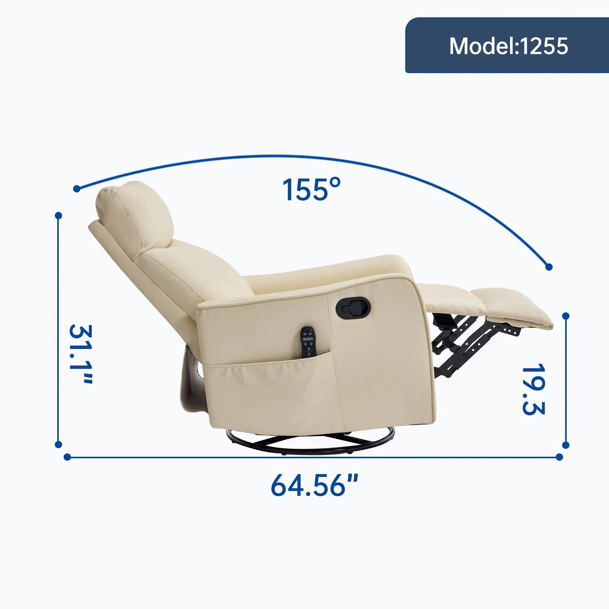 Side view of a beige recliner chair partially extended with dimensions labeled on a white background