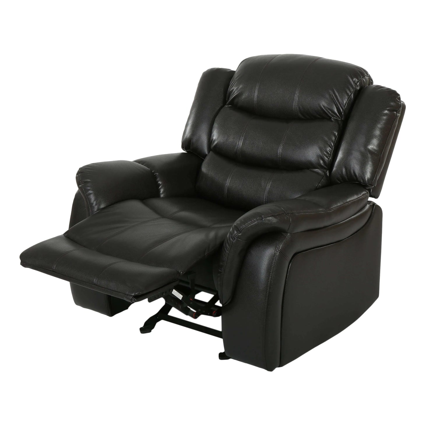 Reclining view of a black faux leather glider recliner chair on a white background