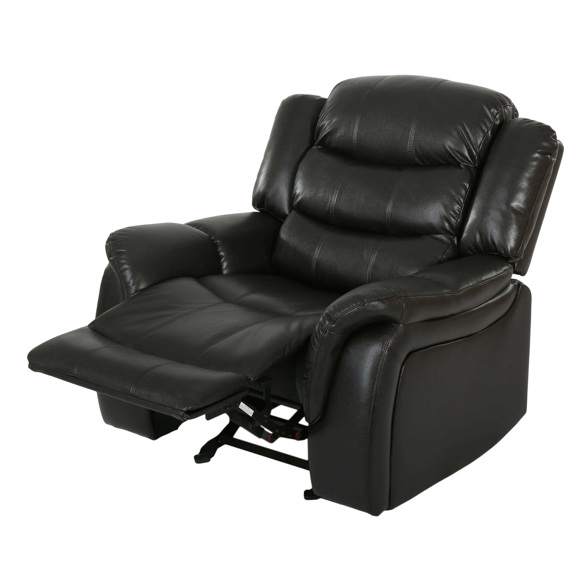 Reclining view of a black faux leather glider recliner chair on a white background
