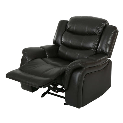 Reclining view of a black faux leather glider recliner chair on a white background
