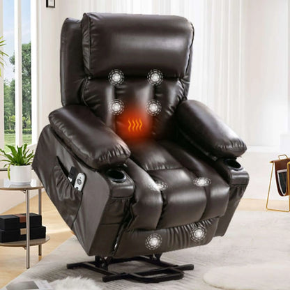 Brown leather massage lift chair with heating indicators in a living room setting