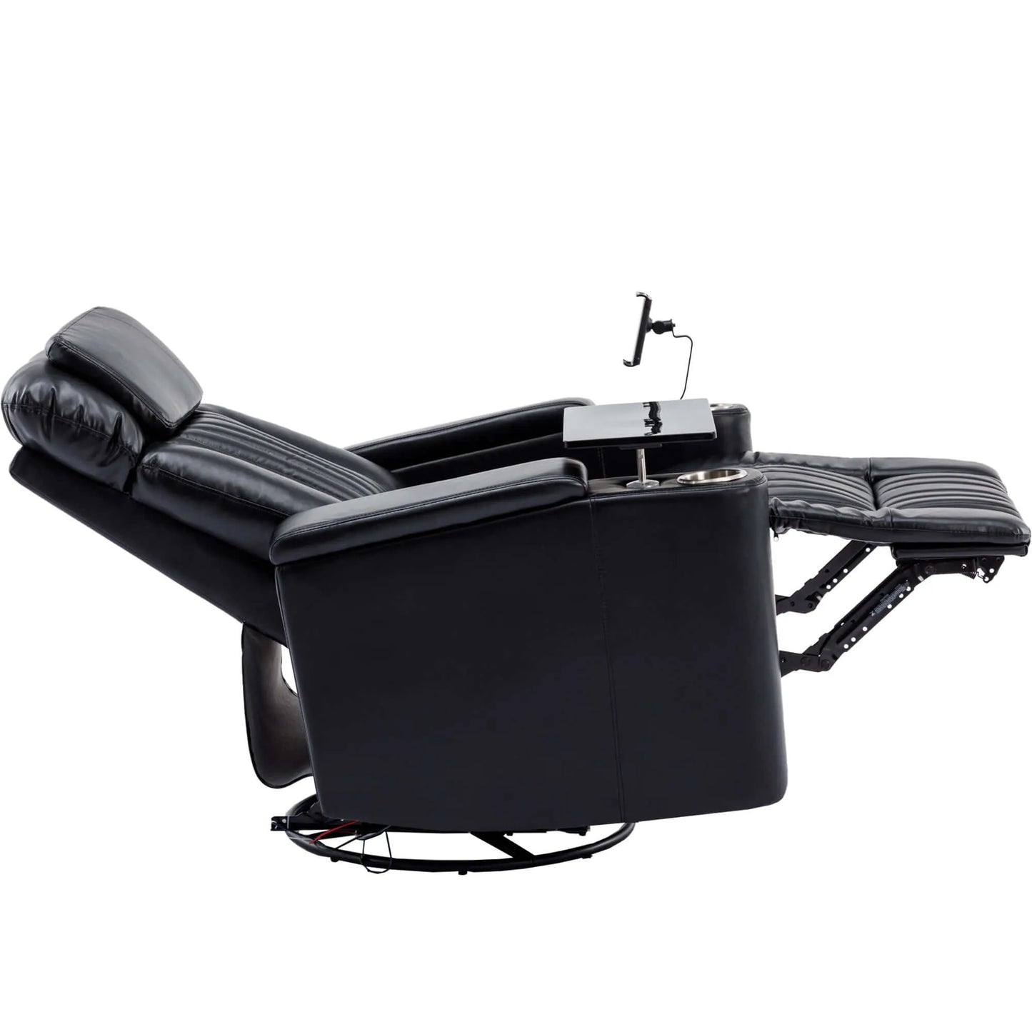 Side view of a black recliner chair fully reclined with cup holder and armrest on a white background