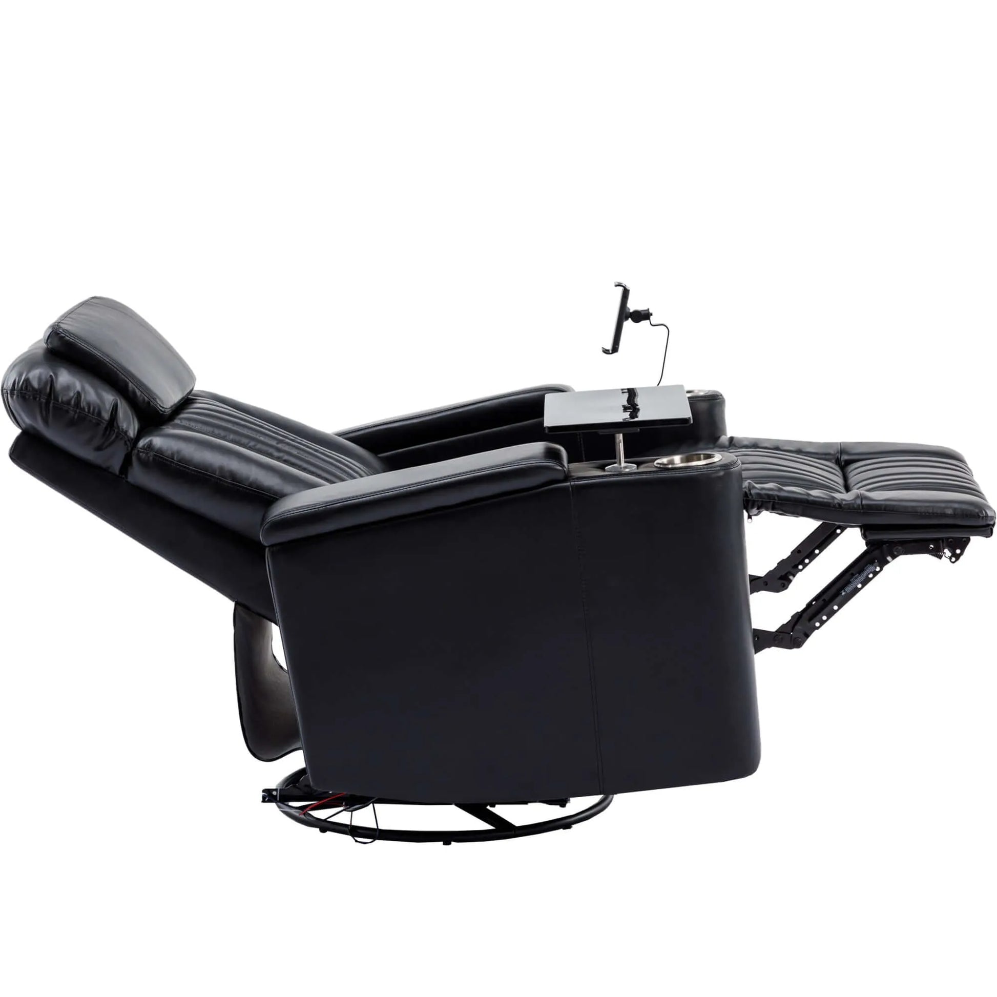 Side view of a black recliner chair fully reclined with cup holder and armrest on a white background