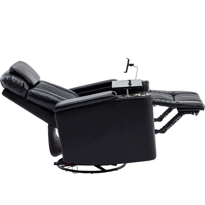 Side view of a black recliner chair fully reclined with cup holder and armrest on a white background