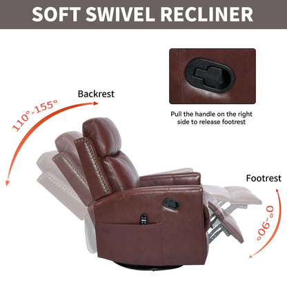 Brown soft swivel recliner chair with labeled features on a white background