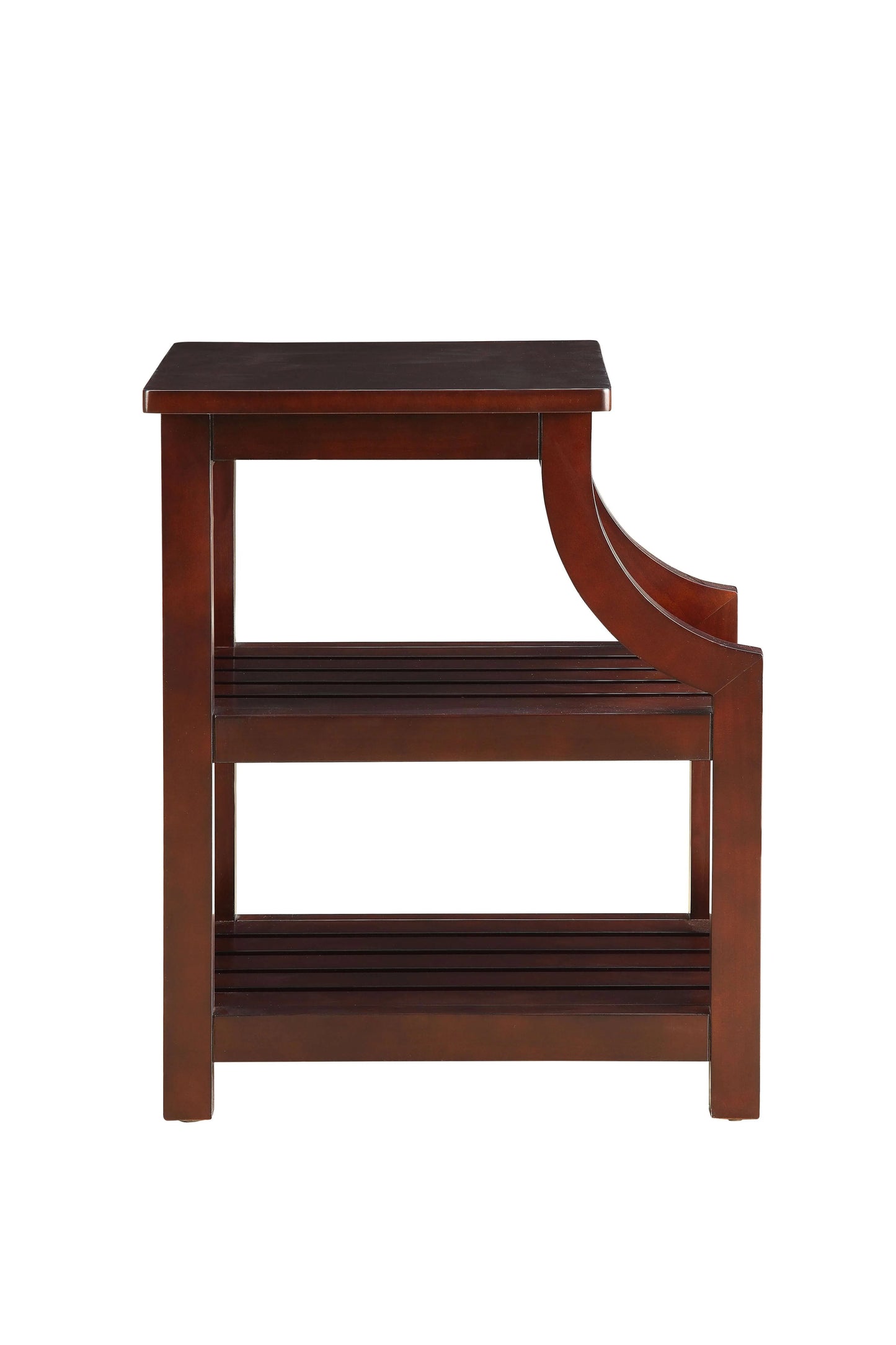 Side view of wooden accent table with a dark brown finish on a white background