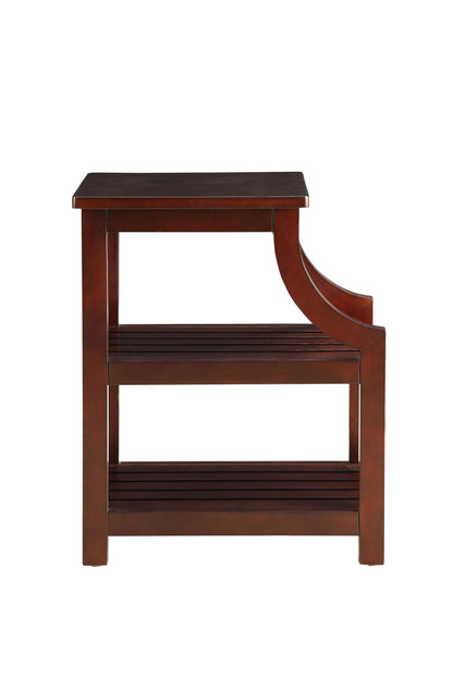 Side view of wooden accent table with a dark brown finish on a white background