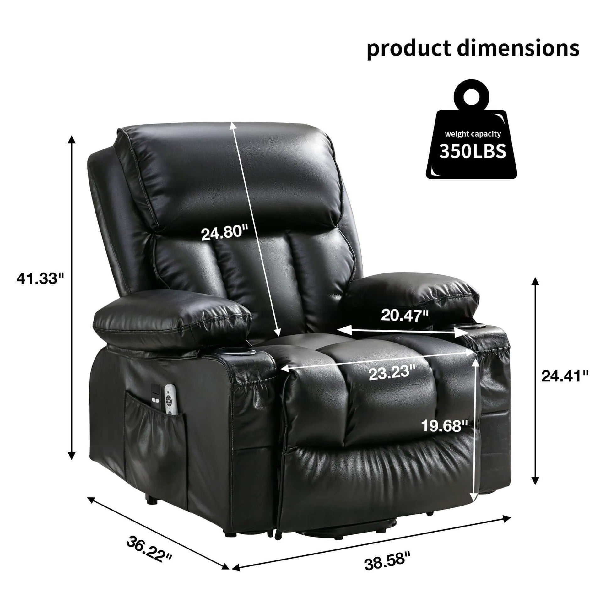 Black recliner chair with dimensions and weight capacity label on a white background