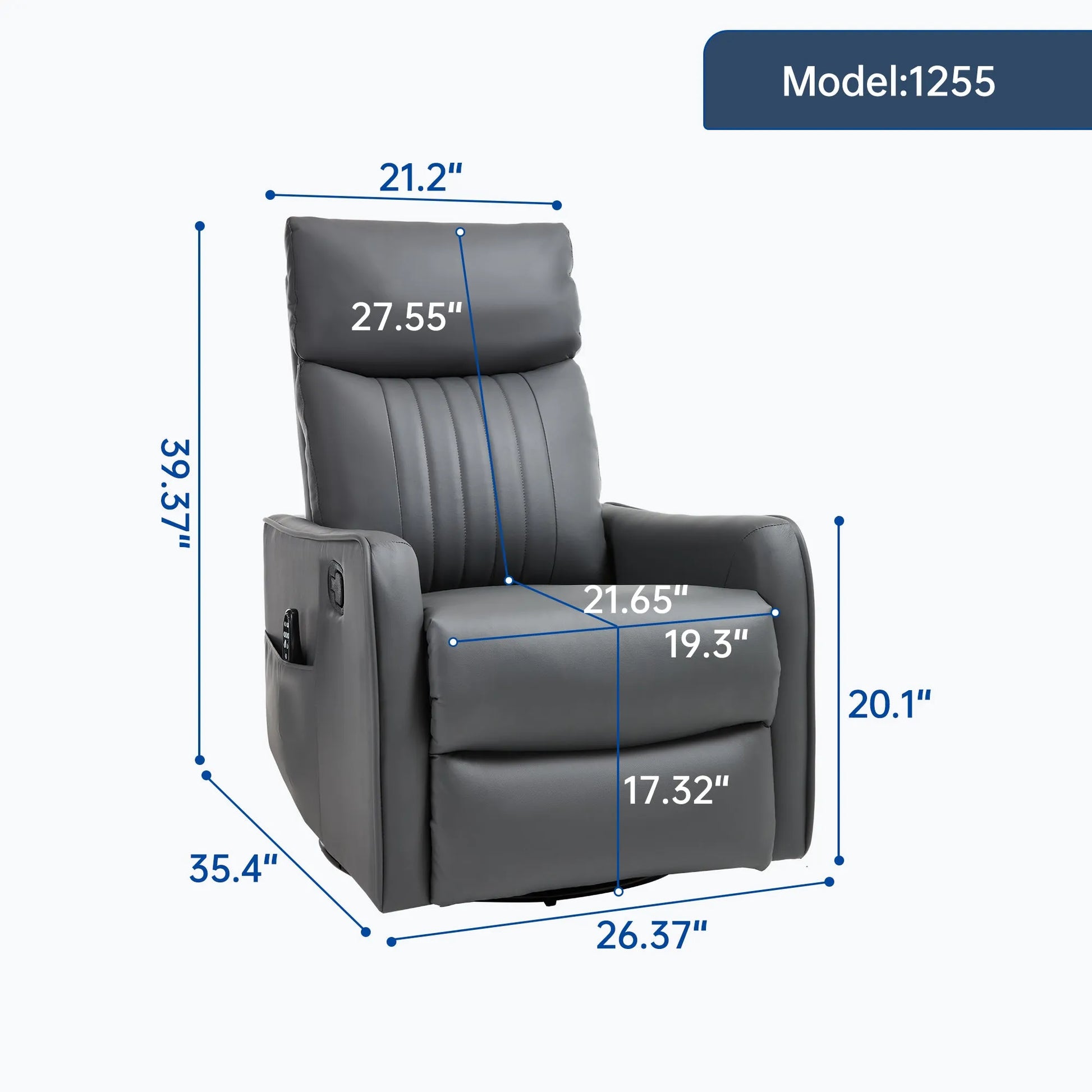 Gray recliner chair with dimensions labeled on a white background