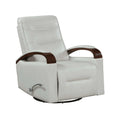 Gray recliner chair with brown wood armrests on a white background