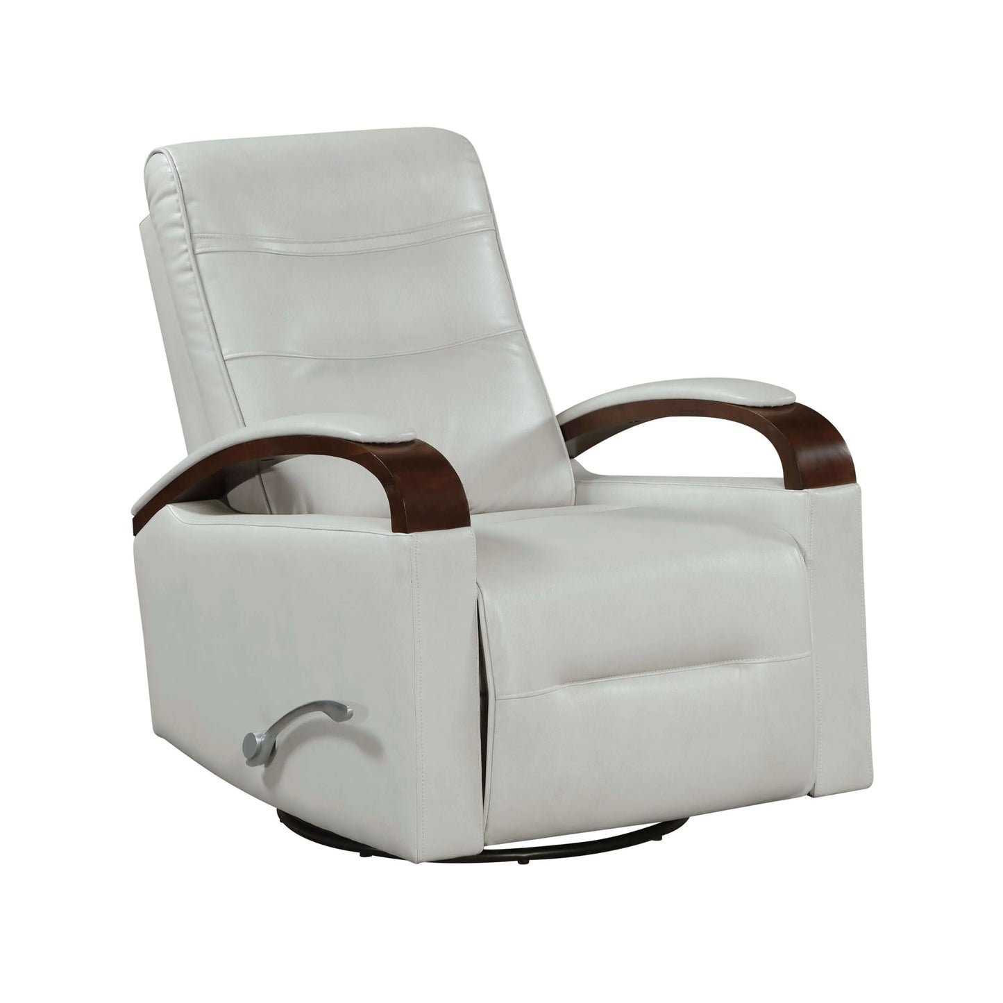 Gray recliner chair with brown wood armrests on a white background