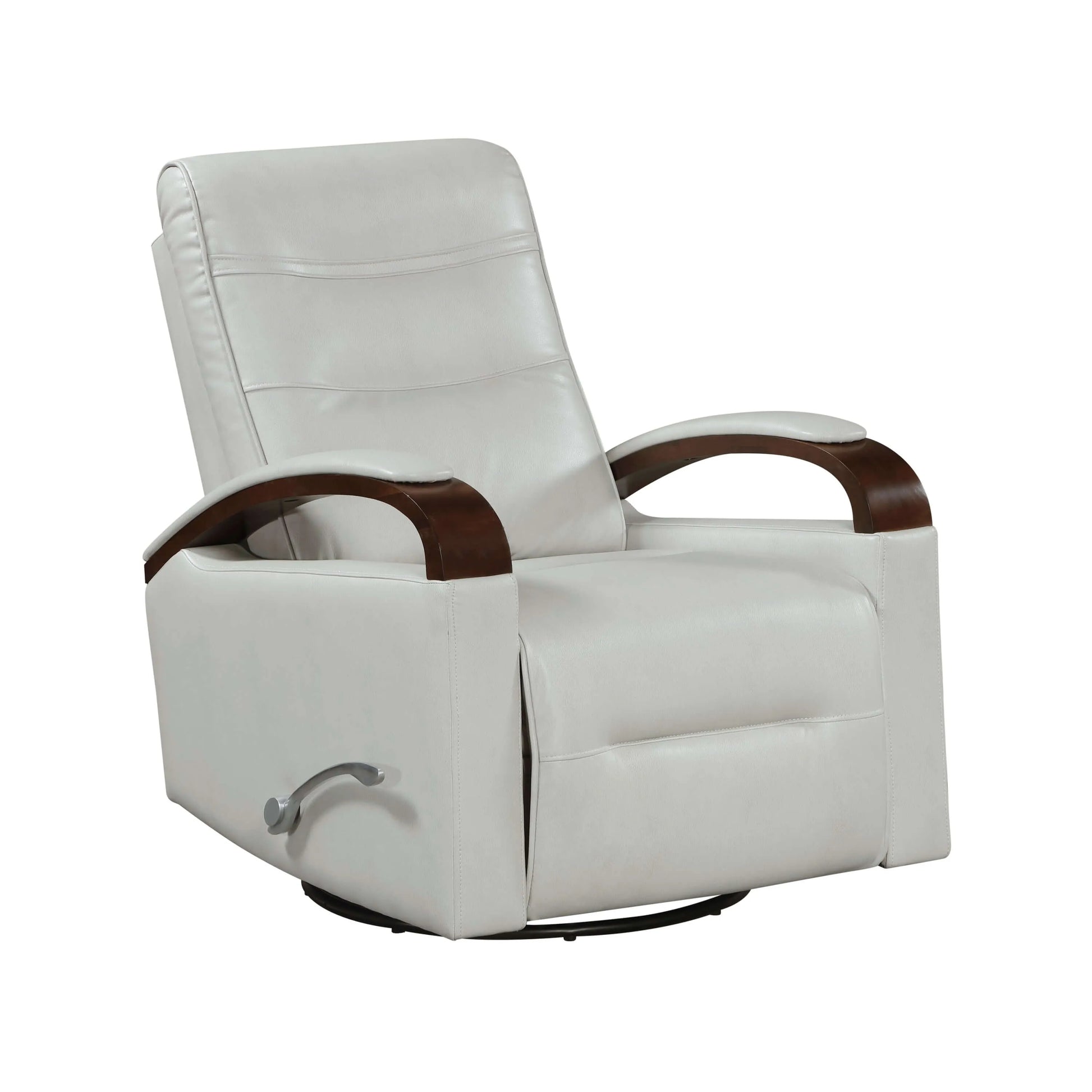 Gray recliner chair with brown wood armrests on a white background
