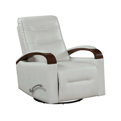 Gray recliner chair with brown wood armrests on a white background
