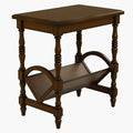 Brown wooden end table with a magazine rack on a white background
