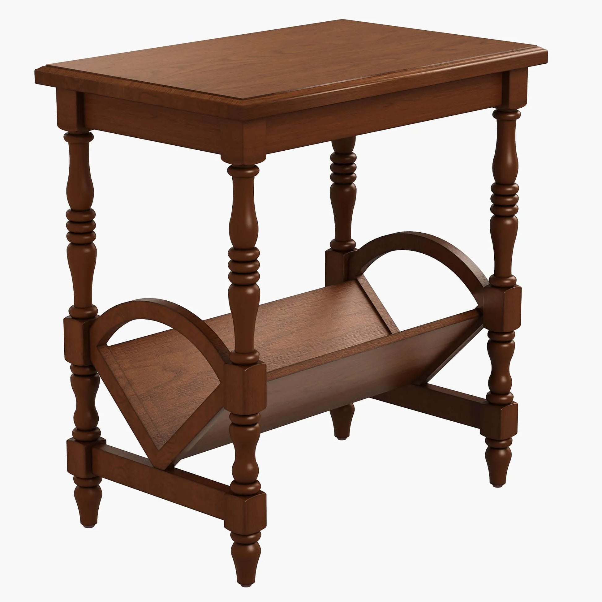 Cherry wood end table with a magazine rack on a white background