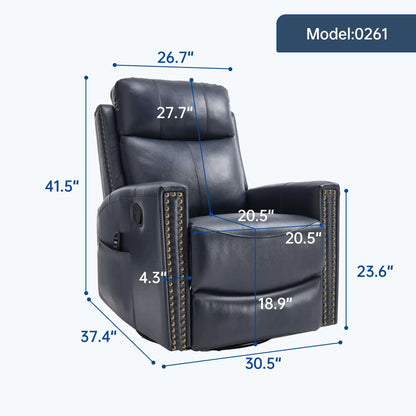 blue leather recliner chair with measurements on a white background