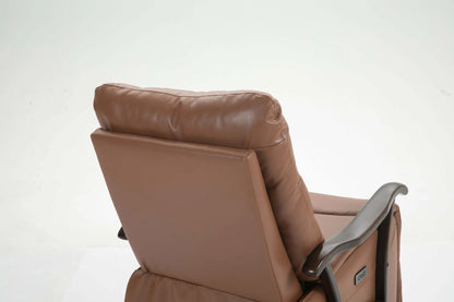 Close up of a brown leather recliner chair seat back on a white background