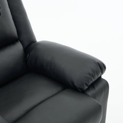Close-up of a black leather recliner chair with a pillow-top armrests on a white background