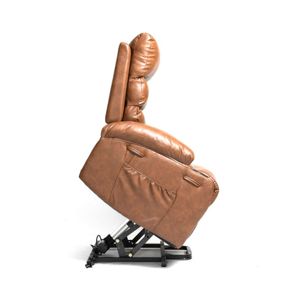 Brown faux leather  power lift recliner chair side view in full lift position on a white background