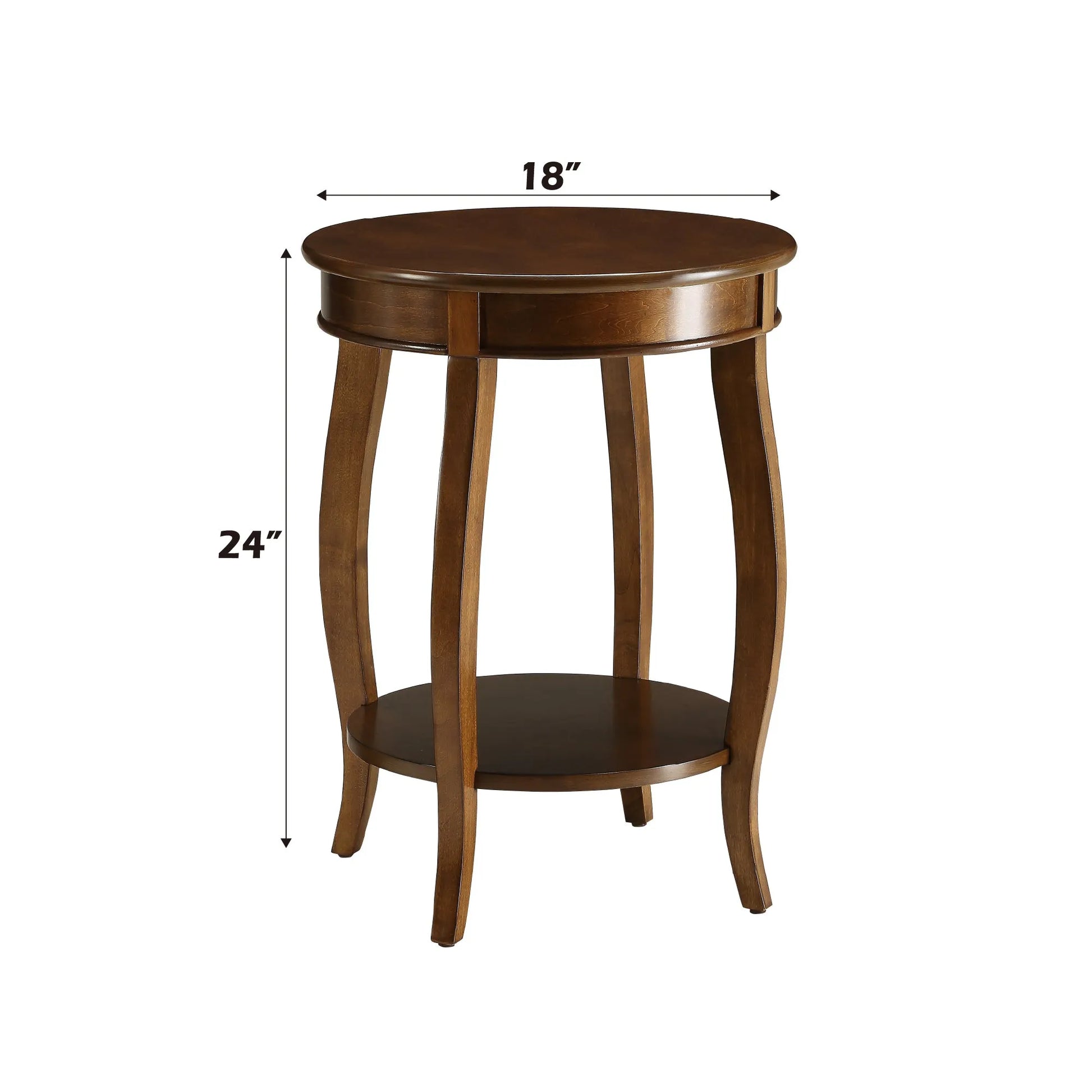 Walnut wood end table with dimensions on a white background